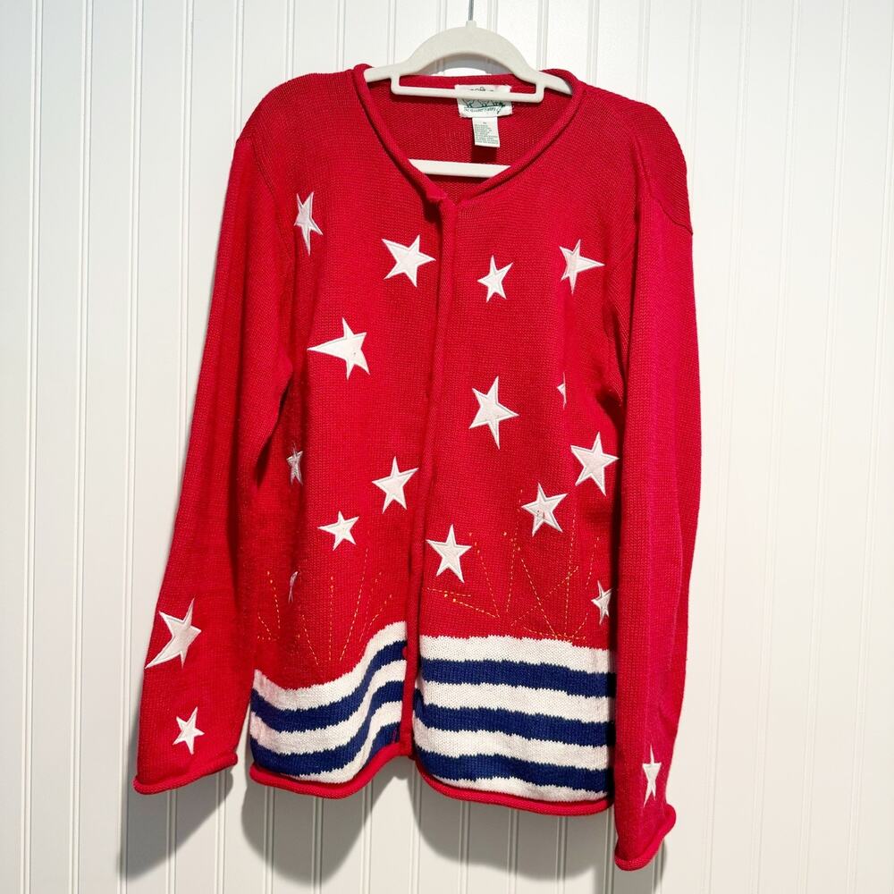 Quacker Factory Red 4th Of July Cardigan Stars Stripes Size Medium